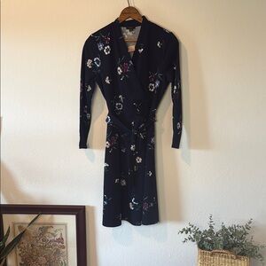 Ann Taylor Dark Blue Floral Long Sleeve Dress